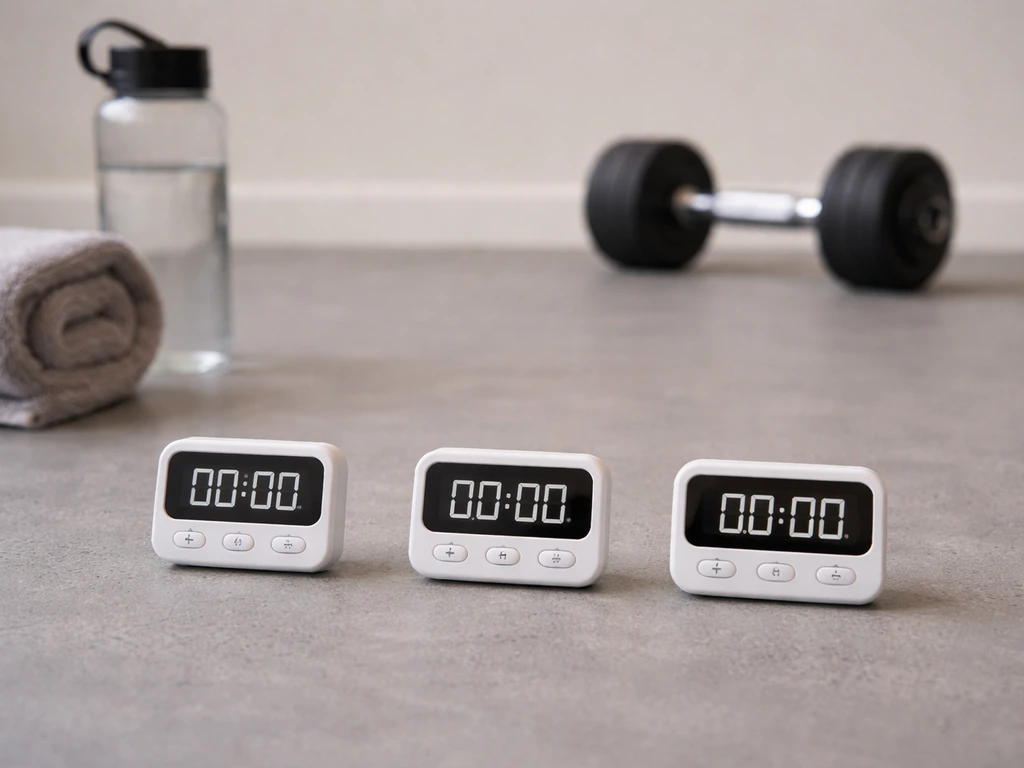 Gym corner with three separate timers and a dumbbell, illustrating different rest intervals between sets and workouts.