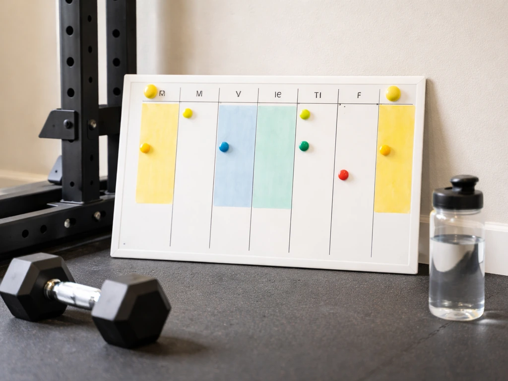 Minimal home-gym whiteboard with colored magnets marking workout timing and recovery window between sessions.