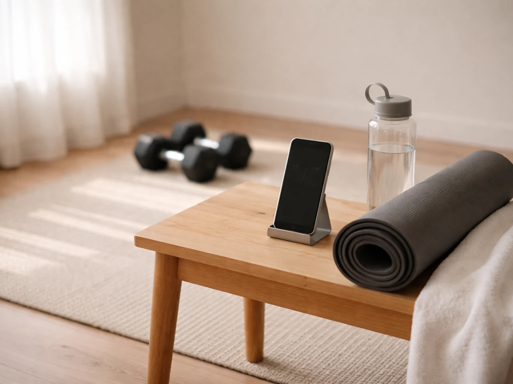 Home gym bench with a water bottle, yoga mat, and an unobtrusive timer for workout recovery.