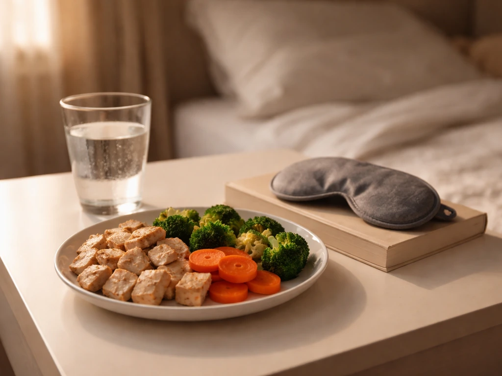 Bedside meal prep plate with protein, a glass of water, and a sleep mask for recovery and sleep.
