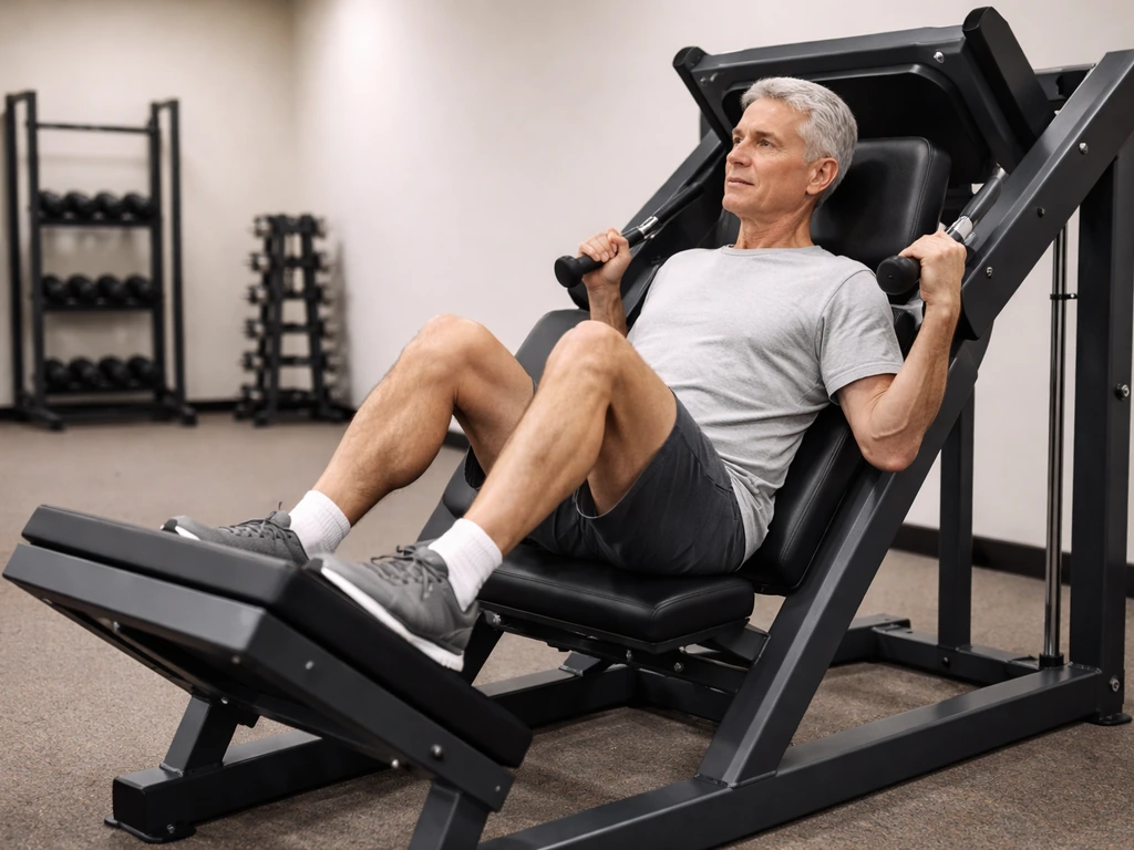 Older adult performing a supported leg press in a quiet gym with proper form