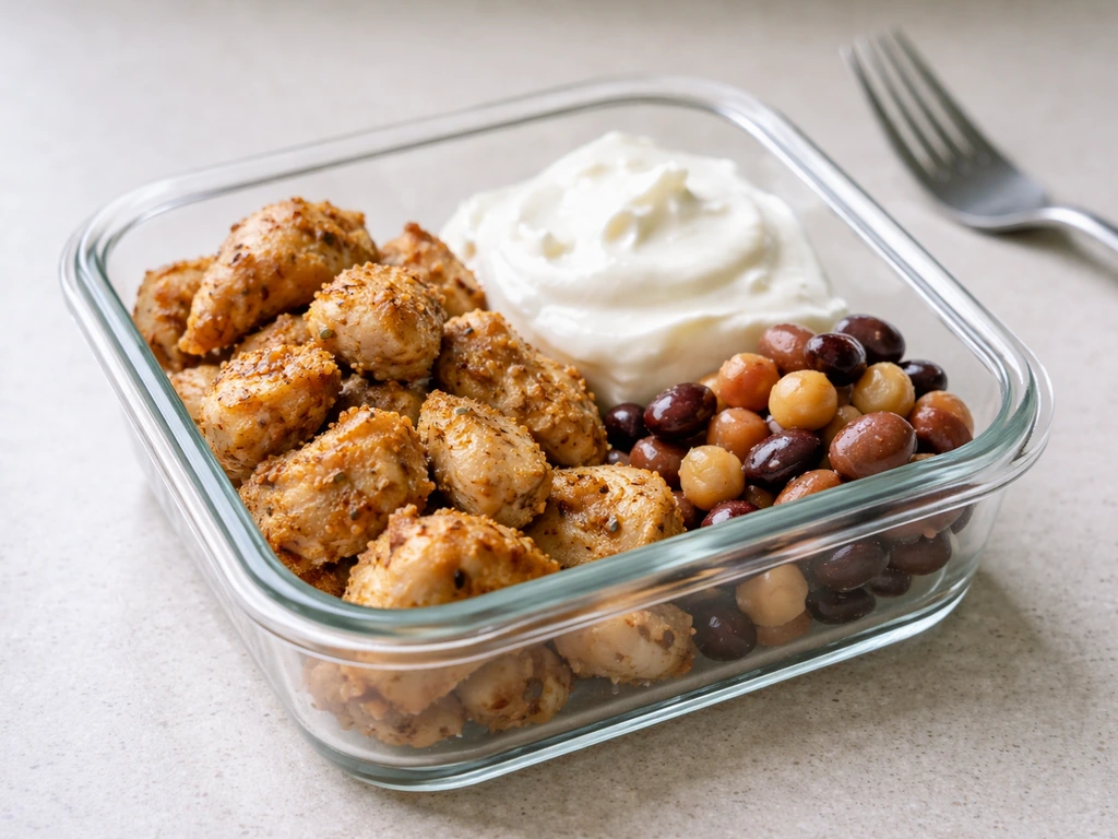 Close-up of a protein-rich meal prep serving with chicken and Greek yogurt in a simple container.