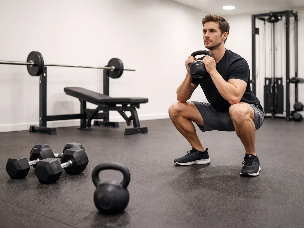 Beginner-friendly gym setup with goblet squat, hinge with kettlebell, and push/pull equipment visible