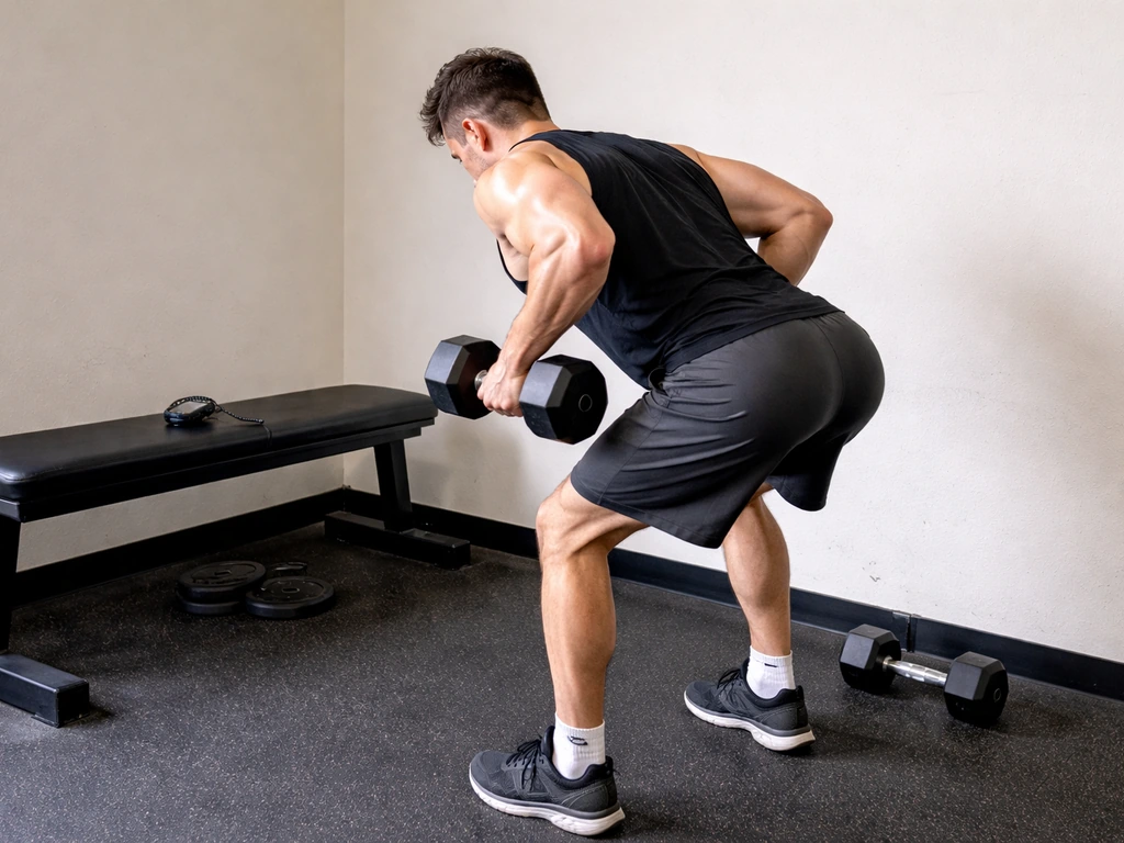 Adult doing controlled dumbbell rows with a coach-style angle in a quiet gym corner.