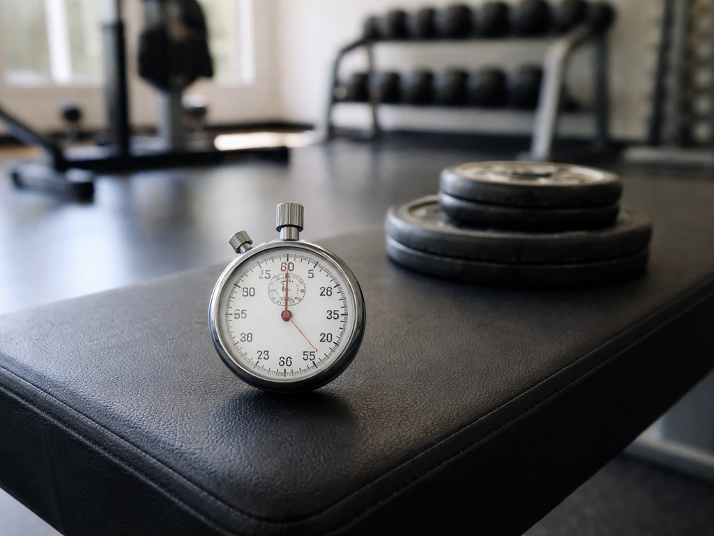 Analog stopwatch on a bench with weight plates blurred behind it, suggesting a 2–3 minute rest window.