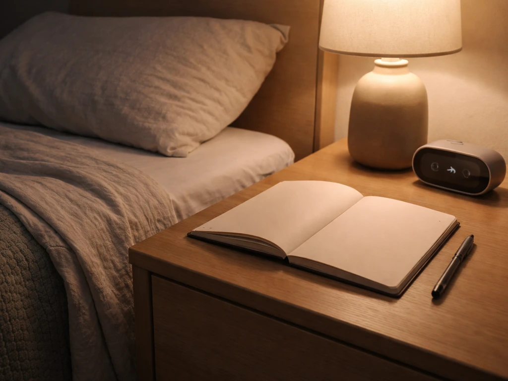 Nightstand with an airplane-mode phone and open blank recovery journal beside a quiet bed at rest.