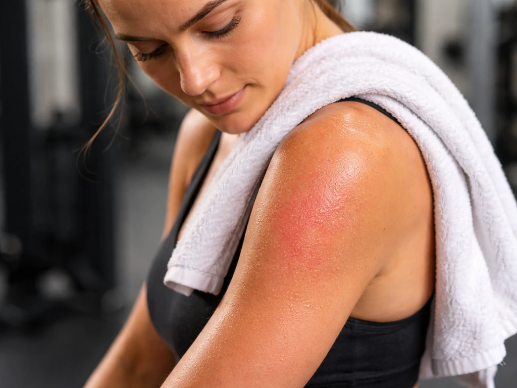 Over-the-shoulder after-workout view with a subtle irritated patch of skin on the upper arm.