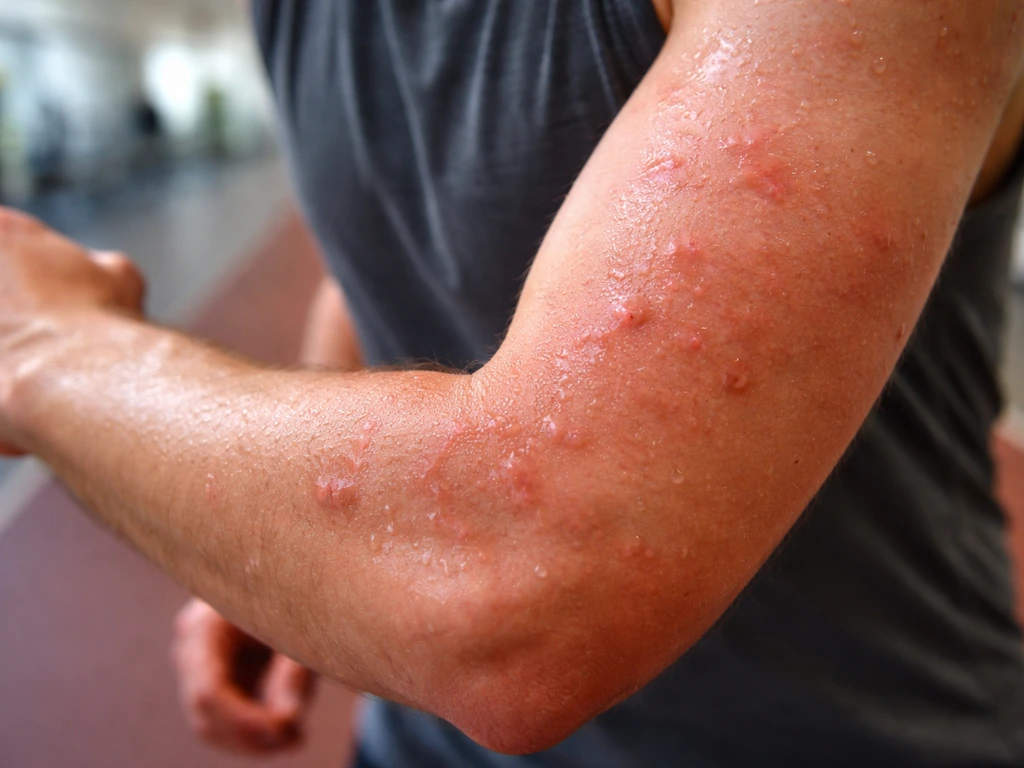 Close-up of a sweaty runner’s forearm with small red welts during exercise in a quiet gym setting