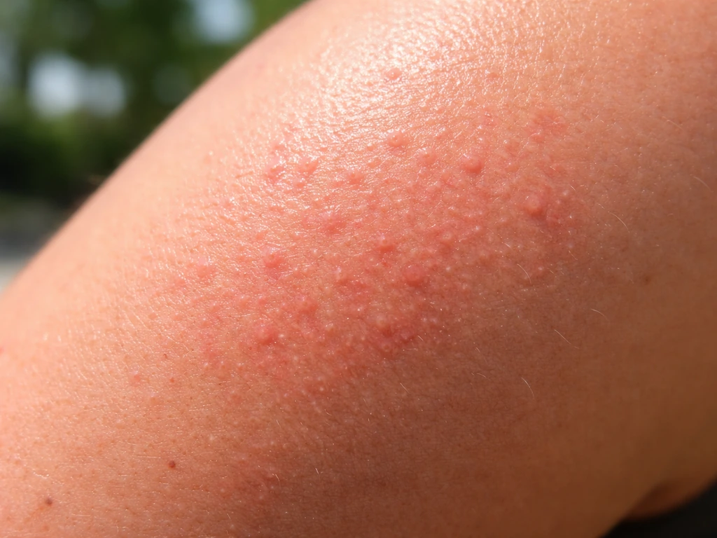 Close-up of small red prickly bumps on skin after hot training under soft natural light.