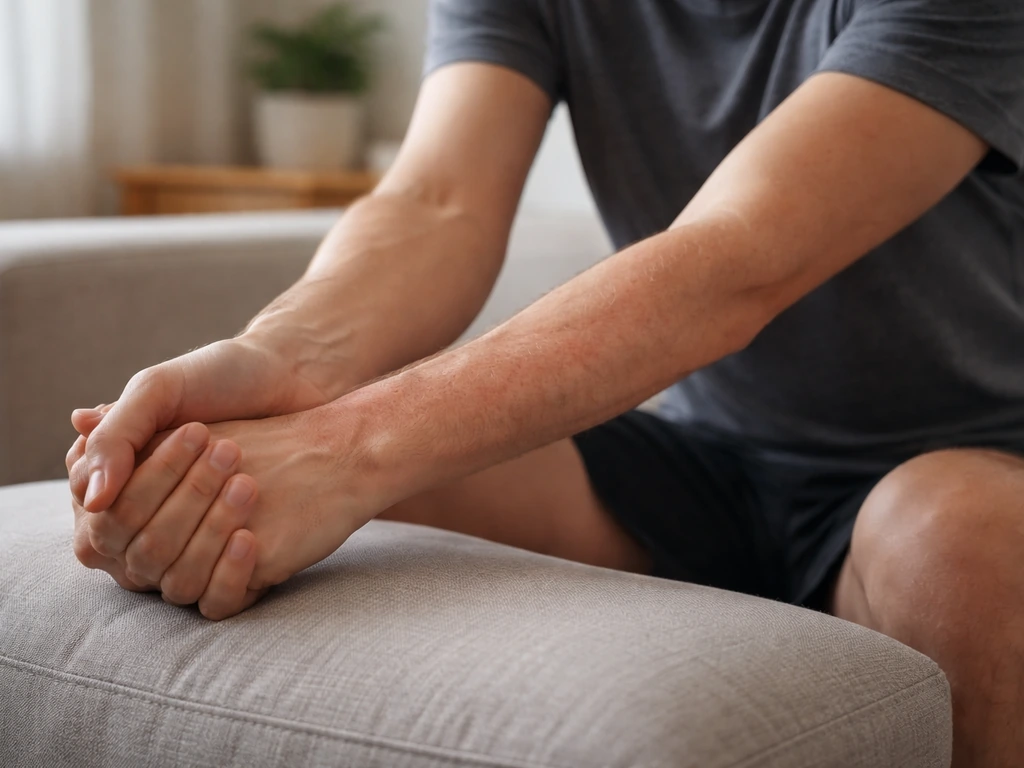 Person gently stretching an arm over a faintly red, irritated skin area after workout soreness.