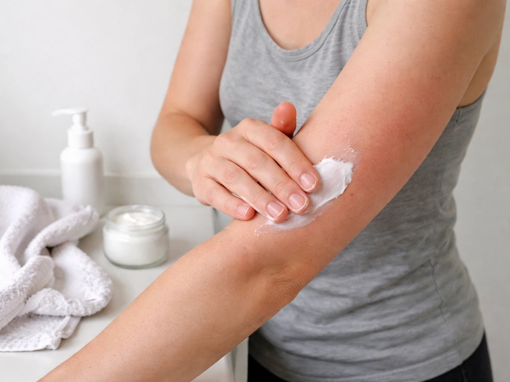 Person applying moisturizer on irritated skin after a workout, using a damp towel in a quiet bathroom.