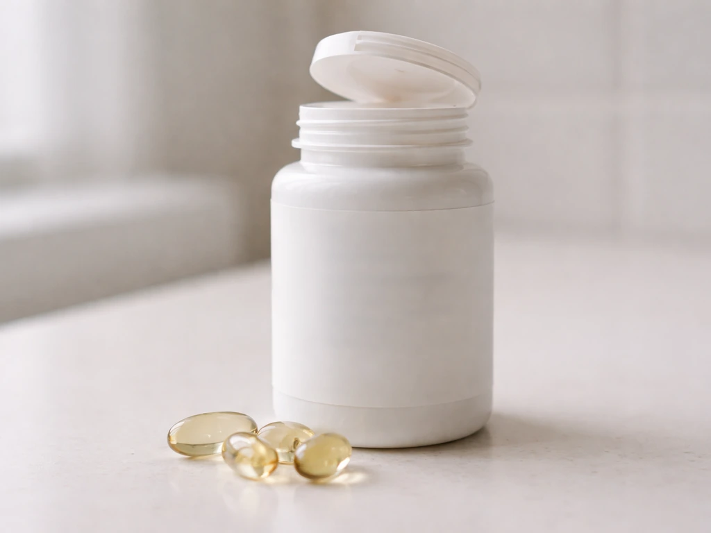 Close-up of a supplement capsule container on a clean surface with a few capsules beside it