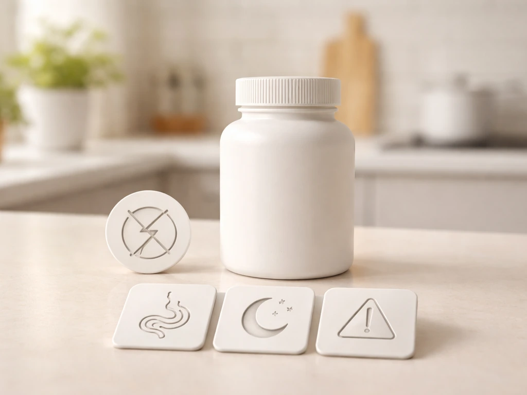 Minimal photo of a supplement bottle with a side-effect caution checklist icon concept in soft light