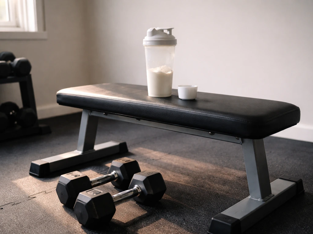 Minimal gym bench with a dumbbell and a protein shaker, suggesting the muscle-growth hierarchy.