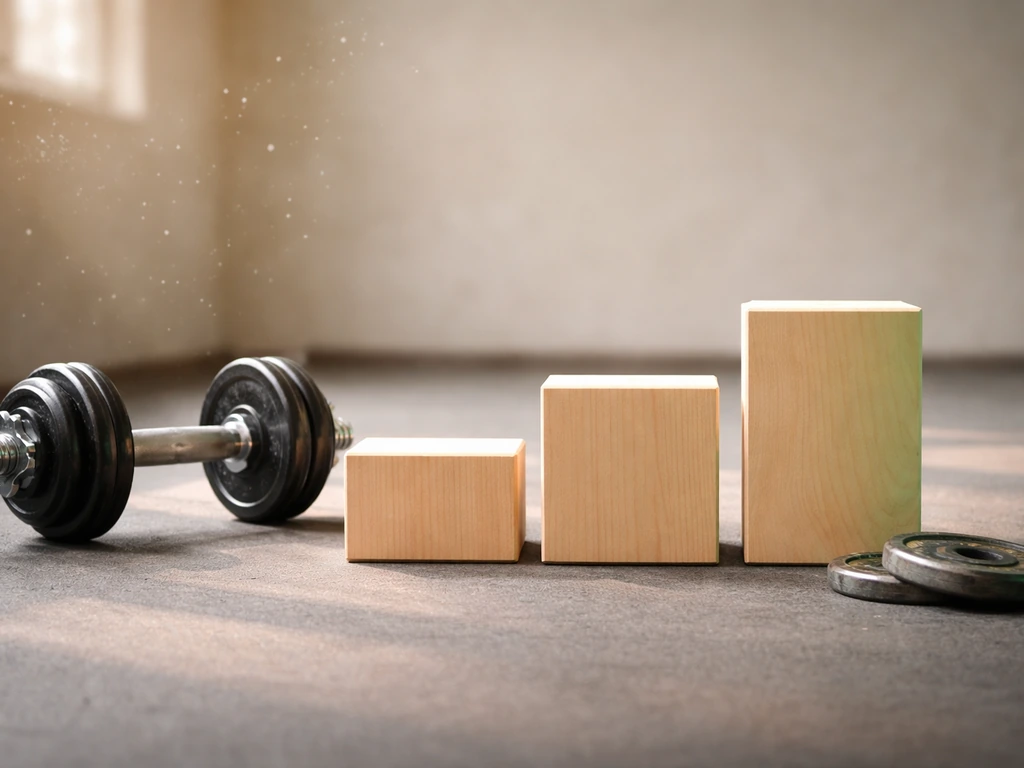 Dumbbell on gym floor with three blank wooden blocks suggesting days, weeks, and months of progress.