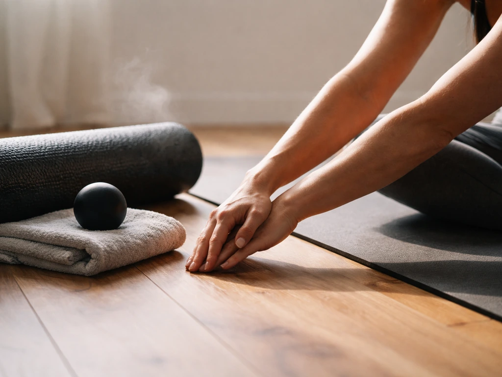 Anonymous hands stretch beside a foam roller and massage ball on a wooden floor in natural light.