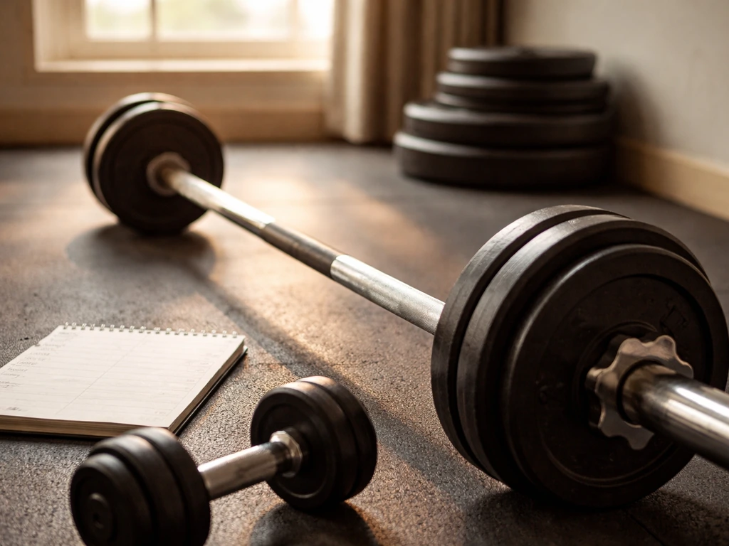 Barbell, dumbbell, and a simple notebook in a quiet home gym, suggesting progressive overload training.