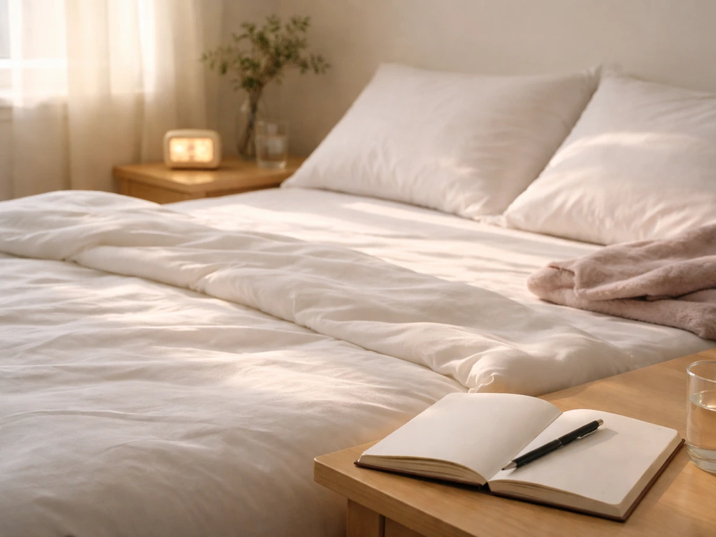 Cozy bedroom sleep setup with alarm clock and open notebook by the bedside in warm morning light.