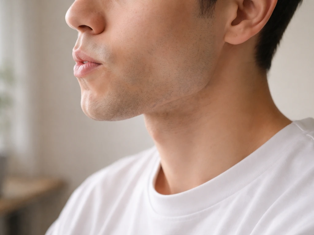 Close side view of a person chewing gum, jawline emphasized in natural light.