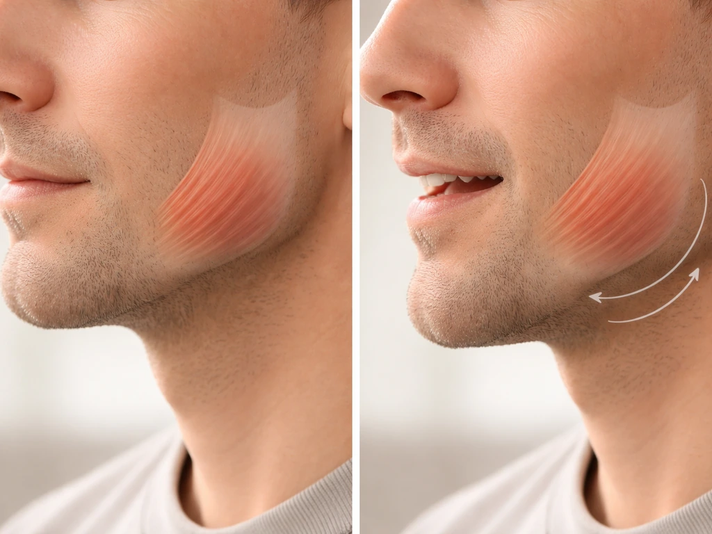 Side view of a neutral jaw mid-chew with subtle masseter emphasis and small motion arrows.