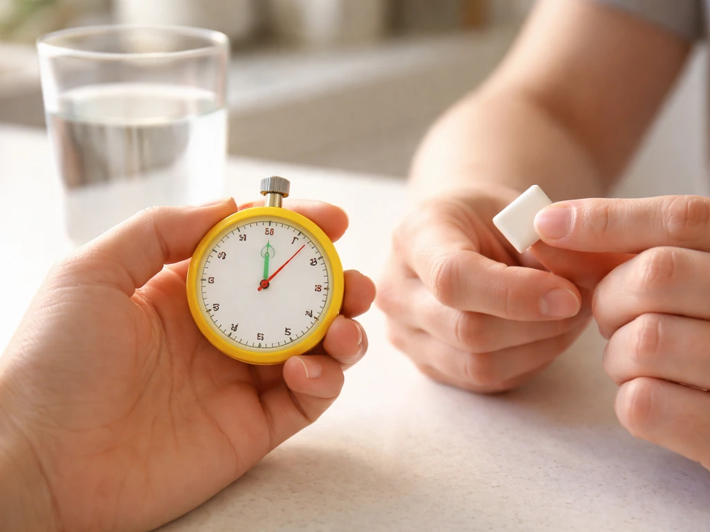 Hands holding a stopwatch and gum, showing a short 5-minute interval with minimal desk setup.