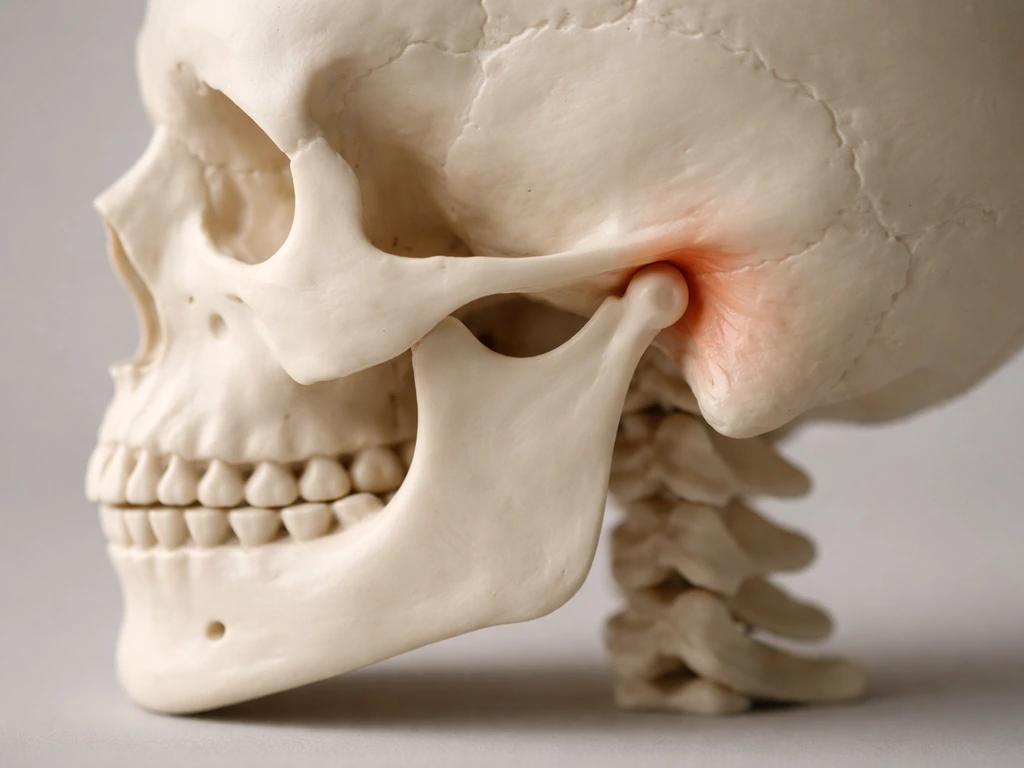Close-up of a realistic dental jaw model showing the TMJ area with light highlighting potential strain risk