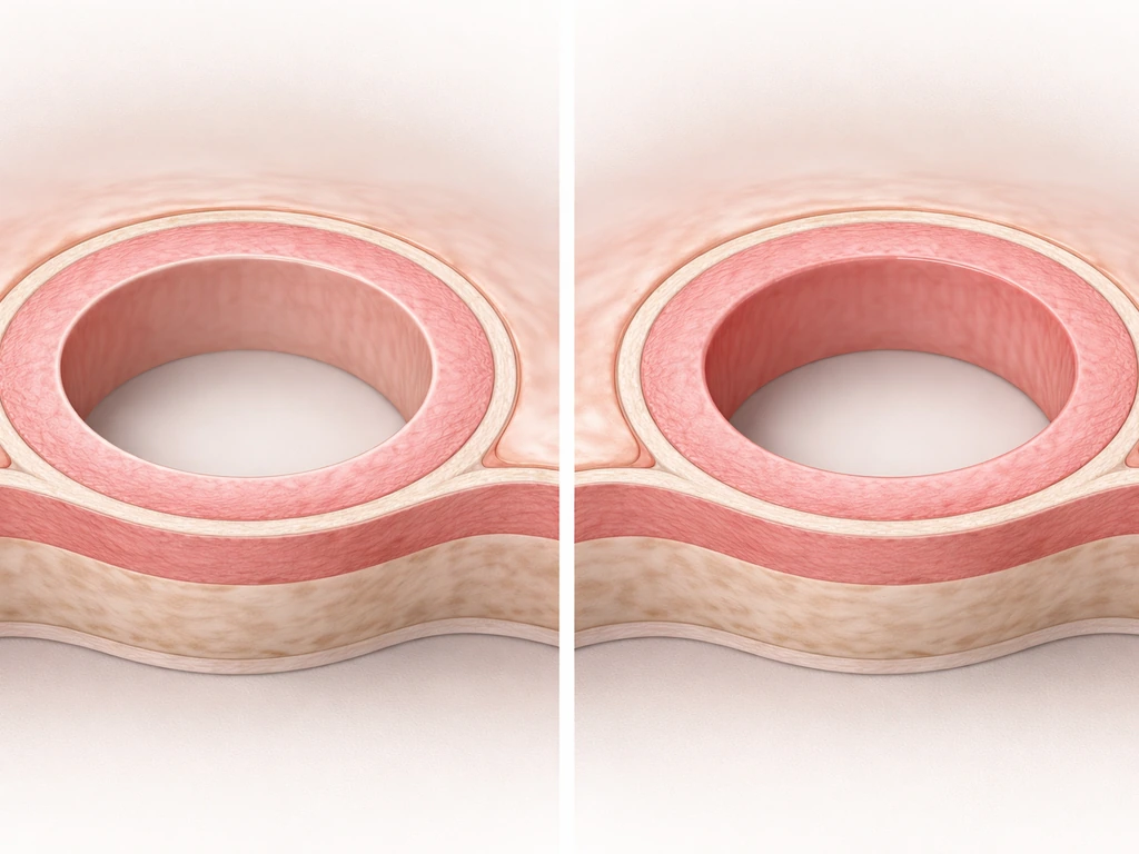Clean medical cross-section showing normal vs thickened smooth muscle layers around a hollow lumen.