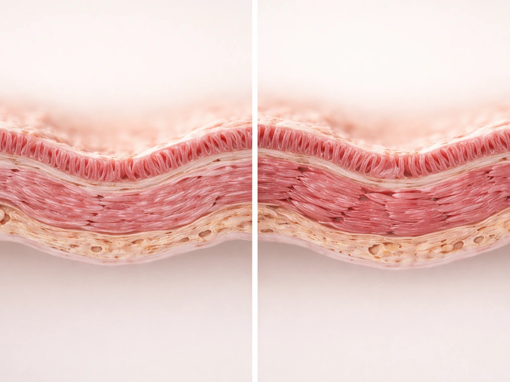 Minimal photo showing two side-by-side airway wall close-ups: normal thin smooth muscle vs thicker remodeled muscle.