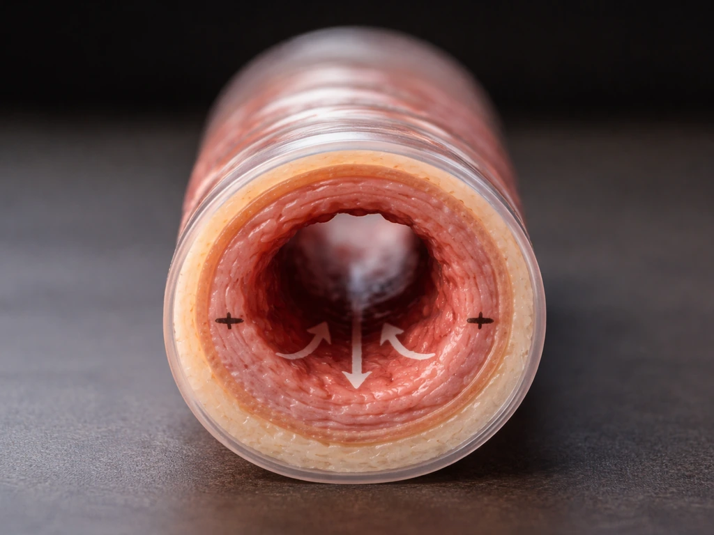 Airway cross-section model with narrowed lumen from thick smooth-muscle layer, airflow arrows showing direction.