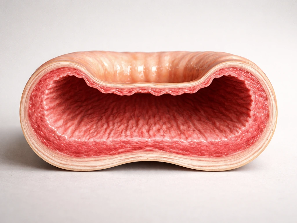 Simplified colon cross-section showing a thickened smooth muscle layer from chronic mechanical load.