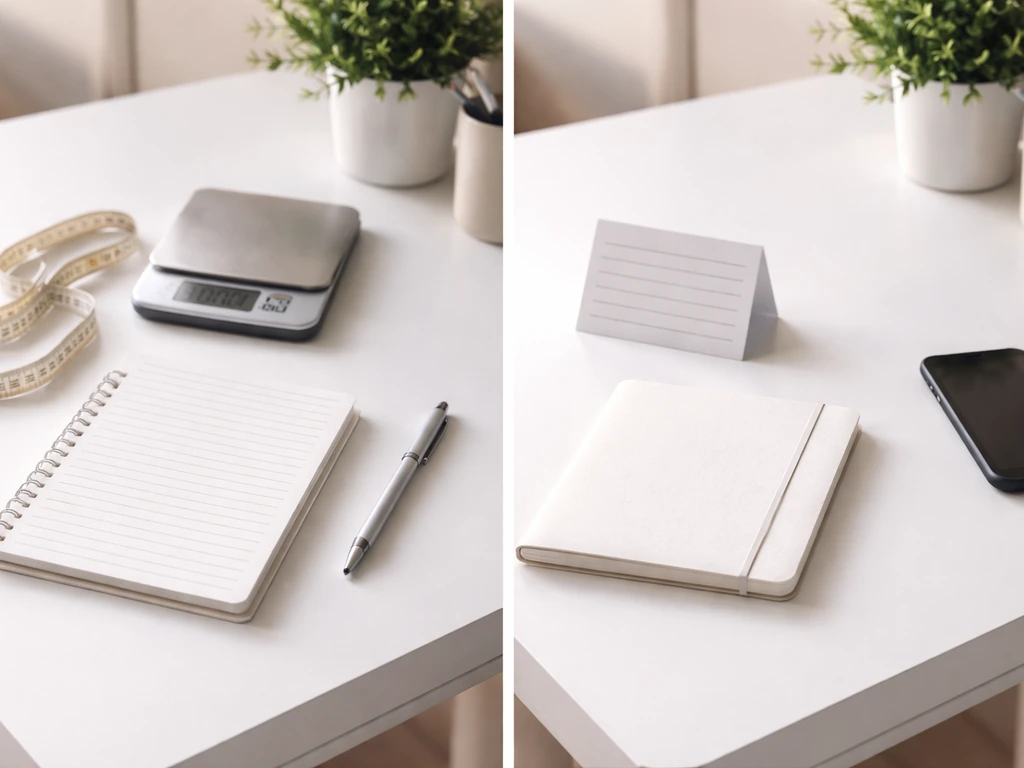 Split-screen style photo showing two simple desk setups: measurement notes on one side, quiet review on the other.