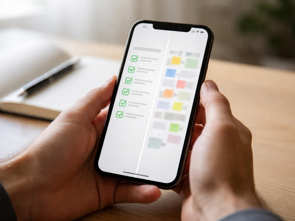 Anonymous hands comparing organized vs messy review cards on a phone over a simple desk