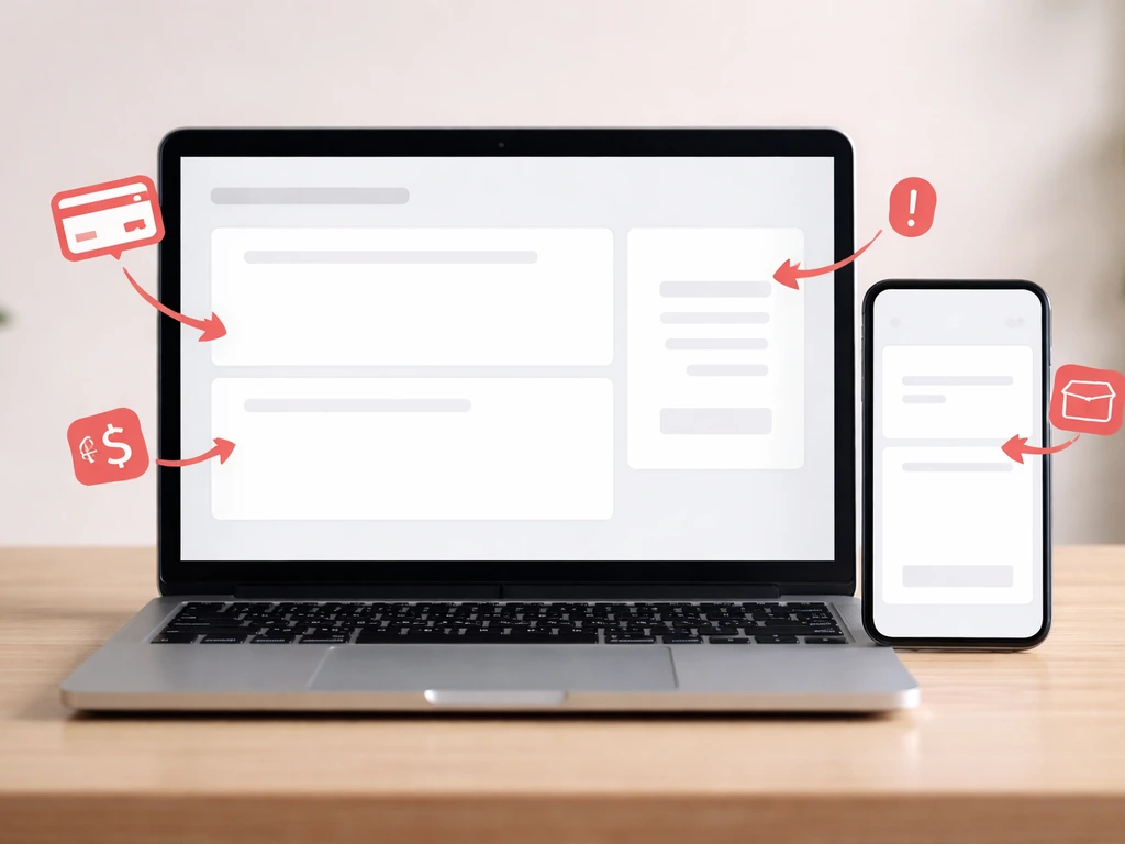 Minimal e-commerce checkout scene with floating payment and refund warning icons as a red-flag visual checklist