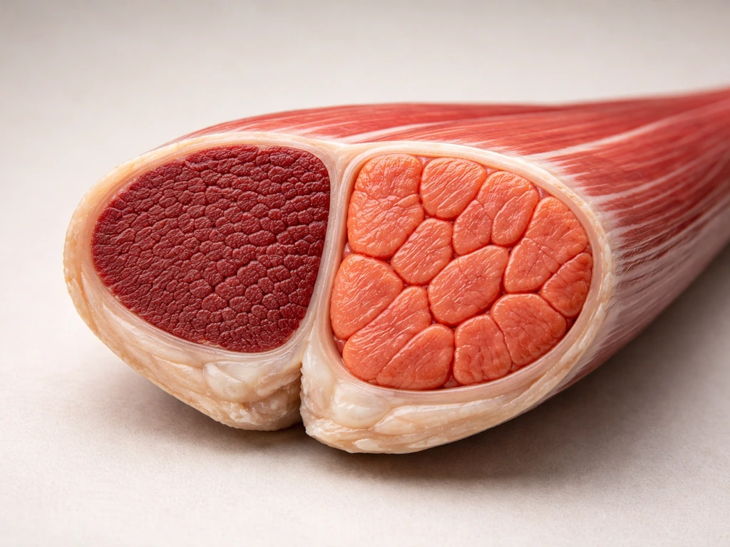 Photo-like muscle cross-section showing slow and fast fiber bundles differentiated by color and texture.