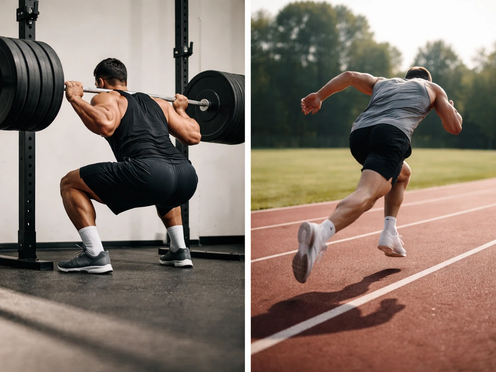 Split-screen of heavy compound lift at high weight and a separate sprint/plyometric effort, no text
