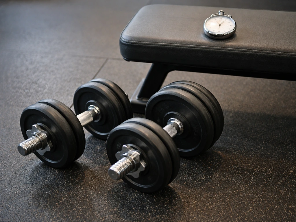 Gym close-up of increasing dumbbell/plate weights next to an analog stopwatch for controlled rest