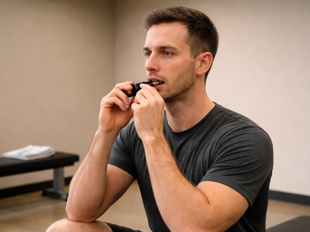Person seated with neutral posture gently closing jaw against a small calibrated bite device for resistance