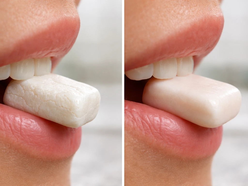 Close-up side-by-side of hard and soft gum textures, emphasizing tougher resistance in a minimal mouth area shot.