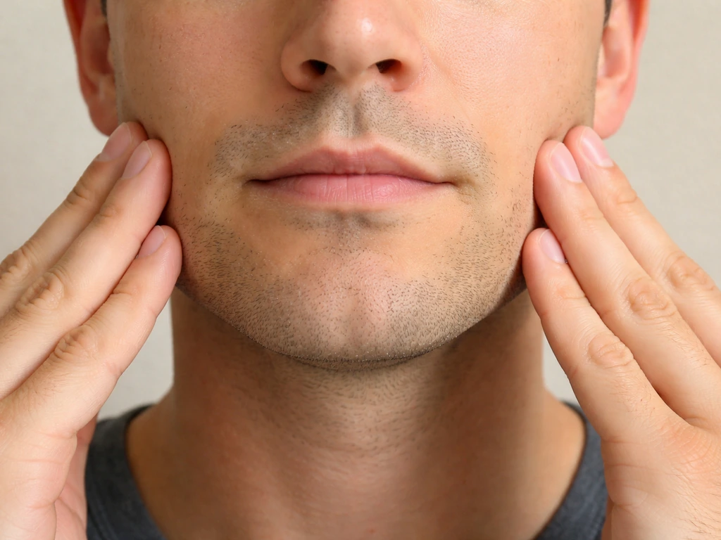 Close-up of a person’s jaw with fingers gently placed on both masseter muscles to compare symmetry.