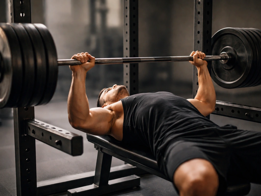 Person performing a heavy barbell bench press in a power rack, focused and tense muscles