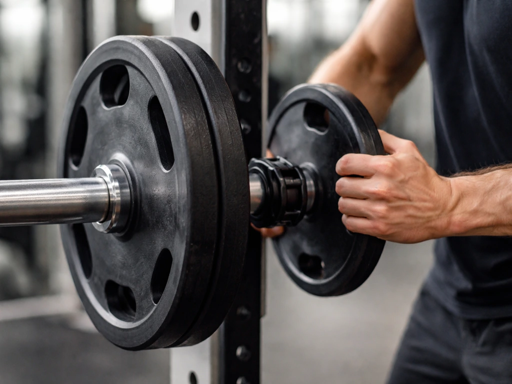 Anonymous gym hands adding a slightly heavier weight plate to a barbell, minimal background.