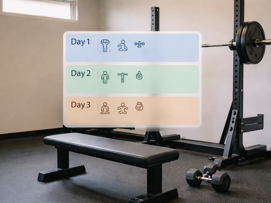 Minimal gym scene with a simple three-day routine overlay concept over a bench and rack