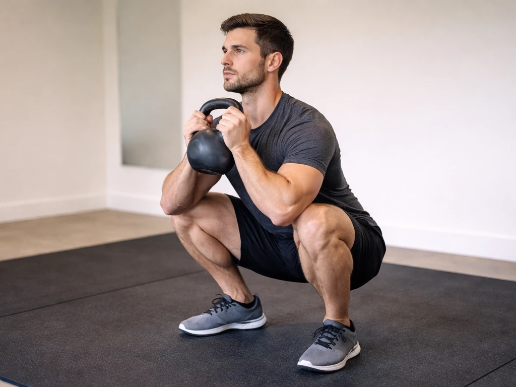 Person holding a deep squat position with knees aligned and heels planted in a minimal gym.