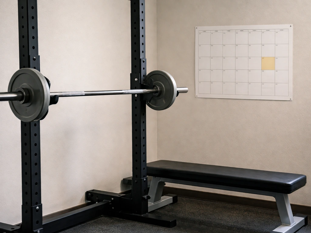 Gym bench with a barbell set to reduced plates and a simple calendar block on the wall for a deload week.