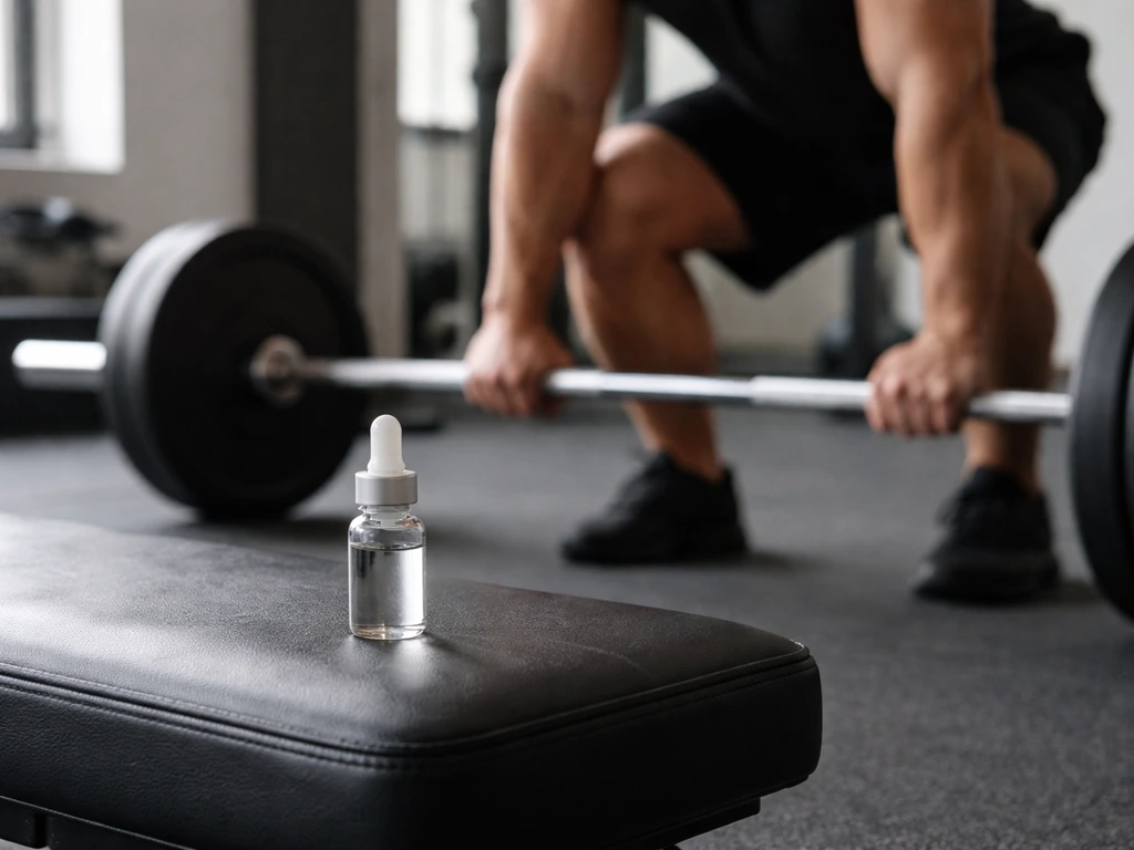 Unbranded vial beside a barbell in a gym, with anonymous forearms preparing to lift.