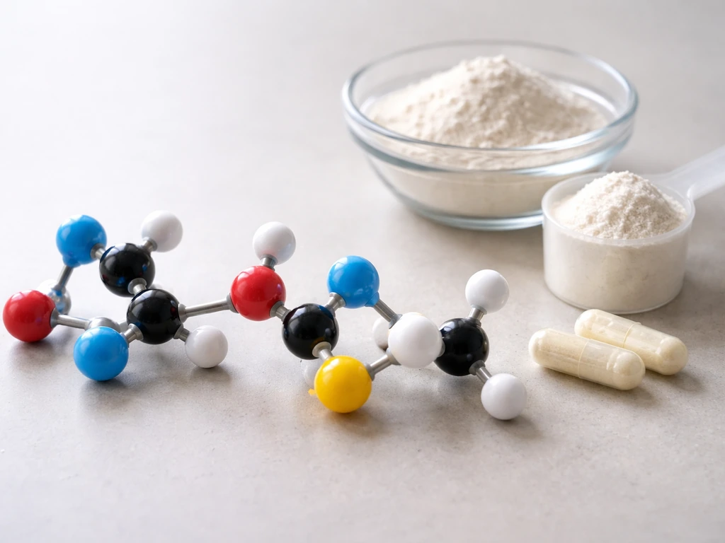 Close-up of an amino-acid chain model beside simple supplement ingredients in a clean minimal setting