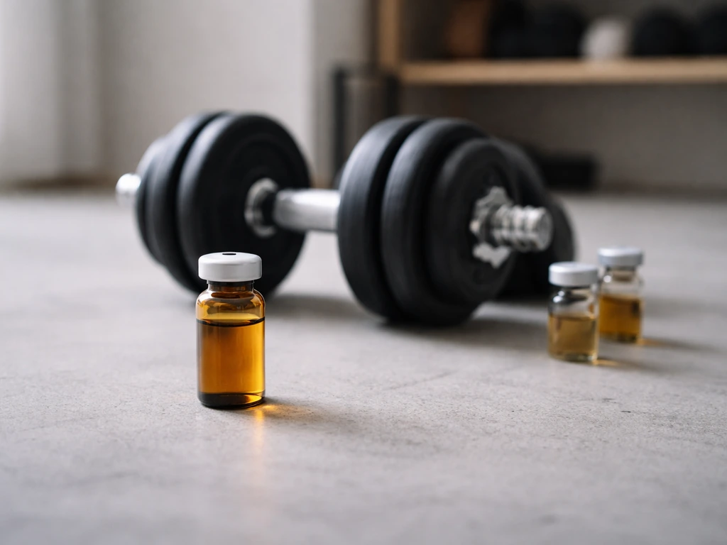 Minimal photo of a small peptide vial set beside workout weights in a clean gym corner