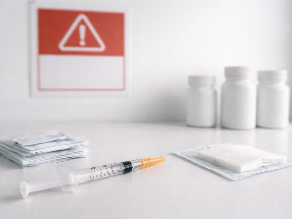 Sterile syringe supplies and empty pill bottles beside a bold safety warning sign in soft clinic light