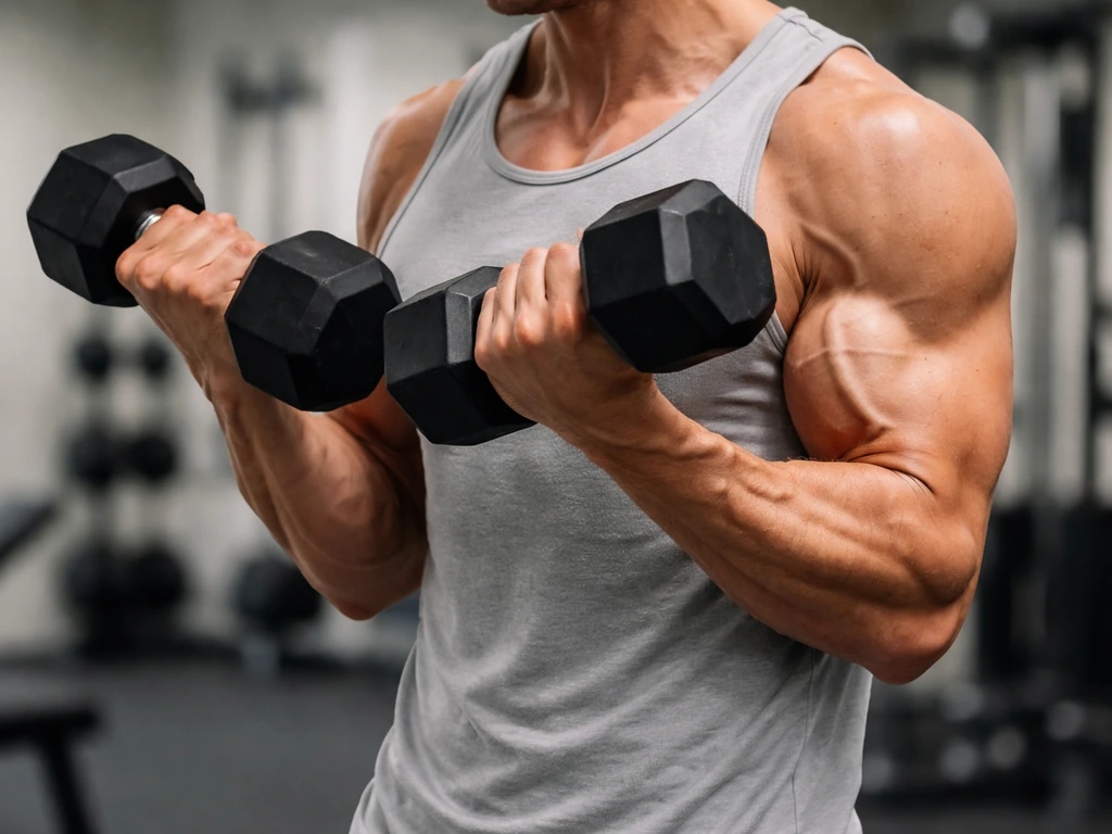 Person doing a controlled dumbbell rep in a quiet gym, showing muscle tension focus on biceps