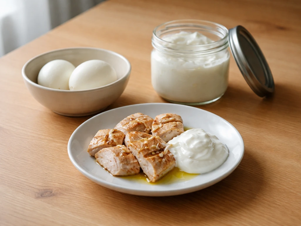 Wooden table meal with chicken, Greek yogurt, and eggs in soft natural light.